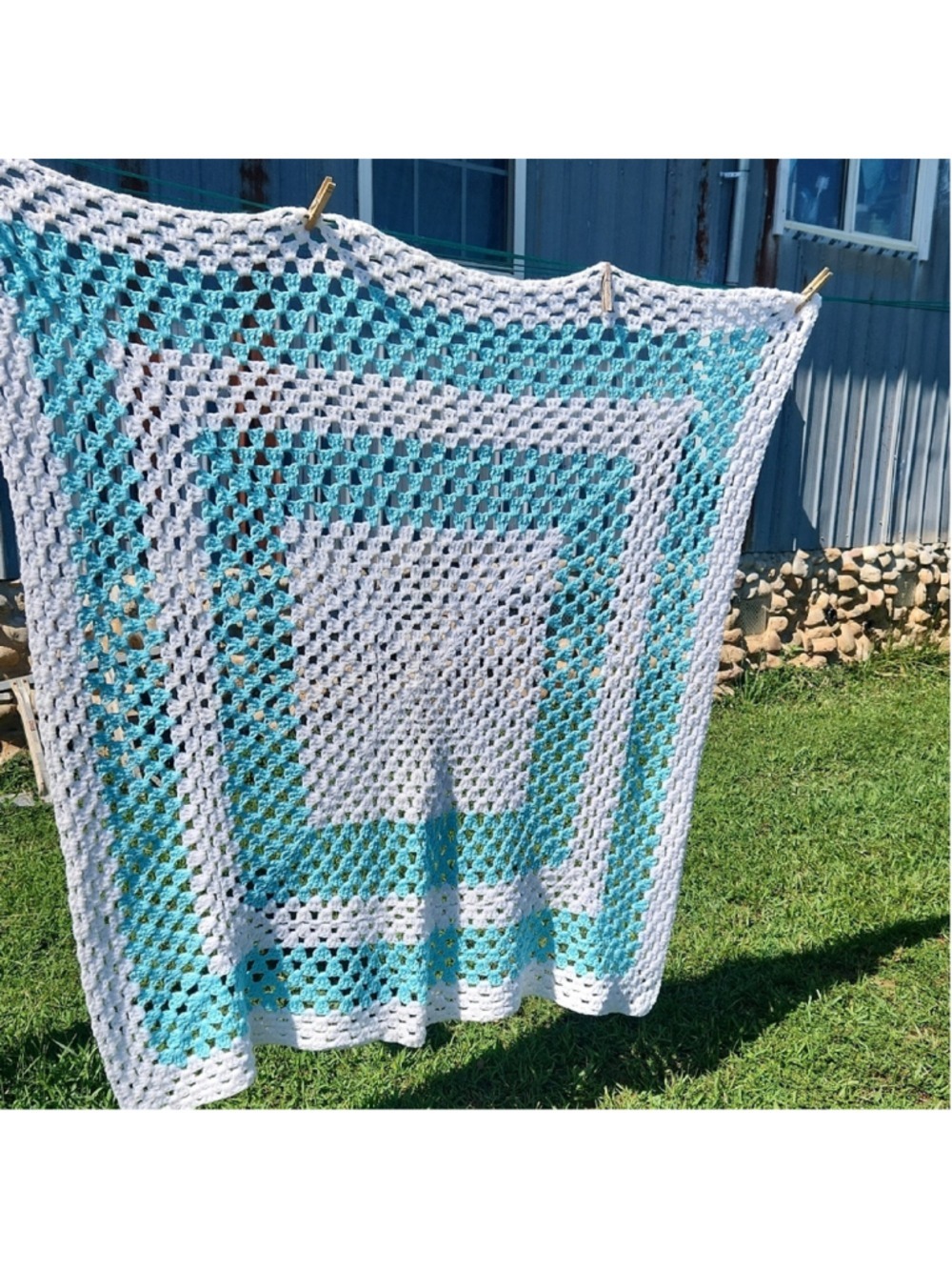 Handmade Blue and White Crochet Blanket, 60" X 60",excellent Condition